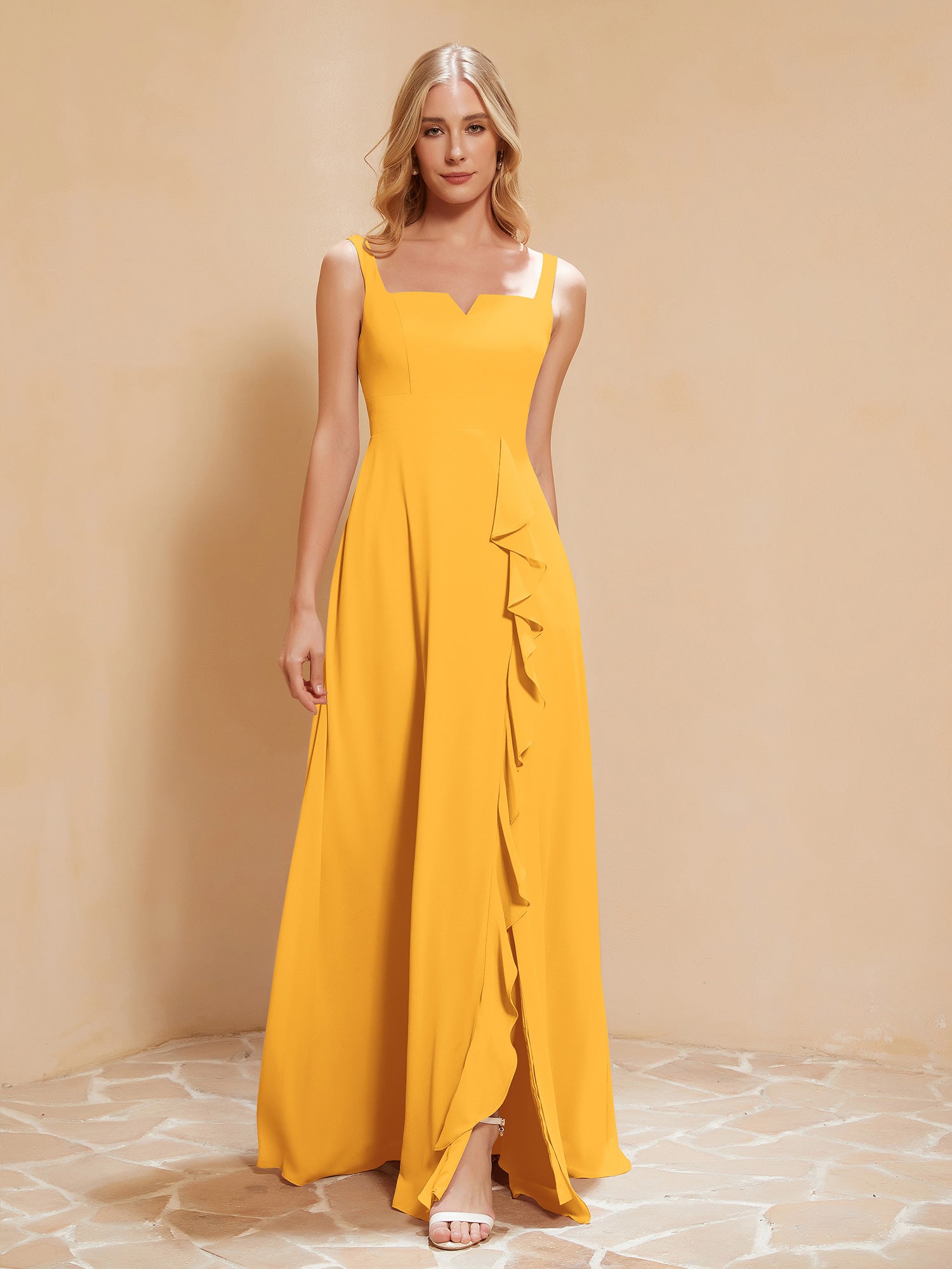 Sleeveless Bridesmaid Gown with Ruffles Tangerine
